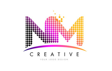 NM N M Letter Logo Design with Magenta Dots and Swoosh