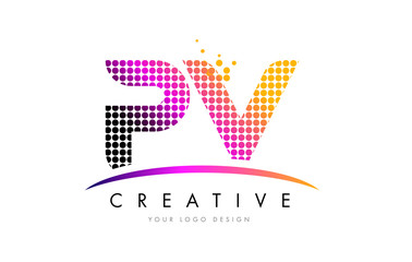 PV P V Letter Logo Design with Magenta Dots and Swoosh