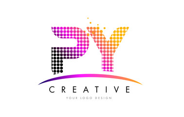 PY P Y Letter Logo Design with Magenta Dots and Swoosh