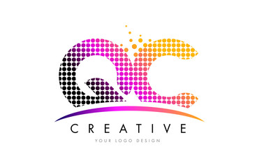 QC Q C Letter Logo Design with Magenta Dots and Swoosh