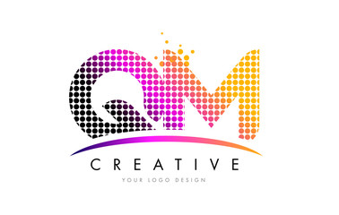QM Q M Letter Logo Design with Magenta Dots and Swoosh