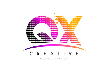 QX Q X Letter Logo Design with Magenta Dots and Swoosh