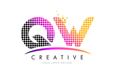 QW Q W Letter Logo Design with Magenta Dots and Swoosh