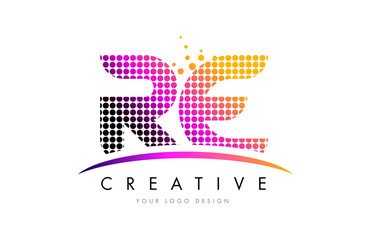 RE R E Letter Logo Design with Magenta Dots and Swoosh
