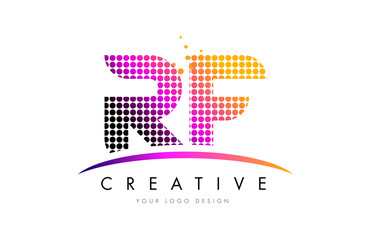 RF R F Letter Logo Design with Magenta Dots and Swoosh