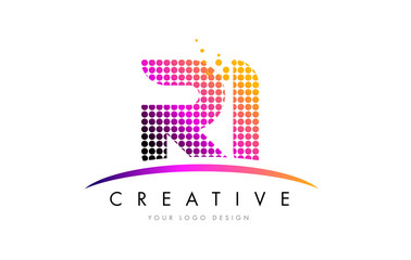RI R I Letter Logo Design with Magenta Dots and Swoosh