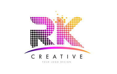 RK R K Letter Logo Design with Magenta Dots and Swoosh