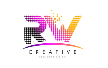 RW R W Letter Logo Design with Magenta Dots and Swoosh