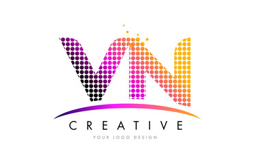 VN V N Letter Logo Design with Magenta Dots and Swoosh