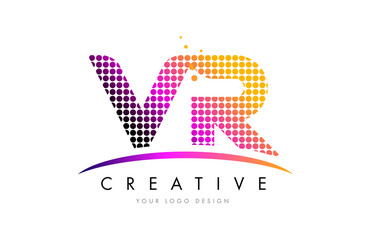 VR V R Letter Logo Design with Magenta Dots and Swoosh