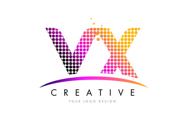 VX V X Letter Logo Design with Magenta Dots and Swoosh