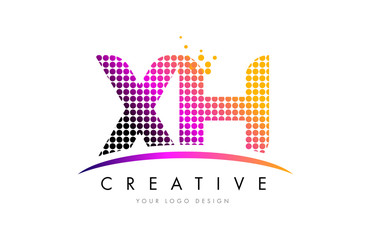 XH X H Letter Logo Design with Magenta Dots and Swoosh