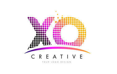 XO X O Letter Logo Design with Magenta Dots and Swoosh