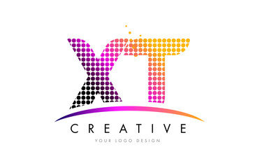 XT X T Letter Logo Design with Magenta Dots and Swoosh