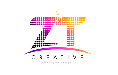 ZT Z T Letter Logo Design with Magenta Dots and Swoosh