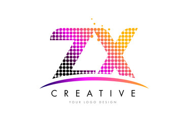 ZX Z X Letter Logo Design with Magenta Dots and Swoosh