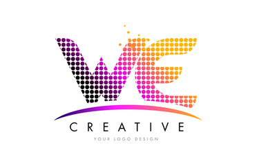 WE W E Letter Logo Design with Magenta Dots and Swoosh