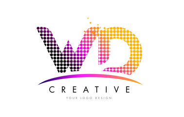 WD W D Letter Logo Design with Magenta Dots and Swoosh