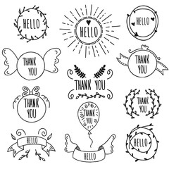 Vector hand drawn illustration, frame. Hello. Thank you. 