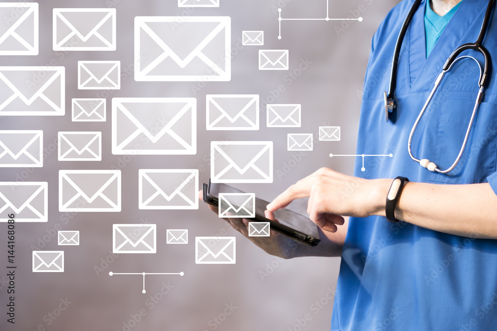 Poster doctor pushing button on tablet to send mail business network