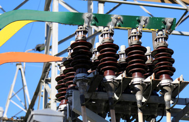ceramic insulators of a high-voltage transformer in the power pl