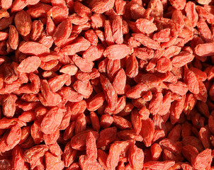 thousands of red dried goji berries with many nutritional proper