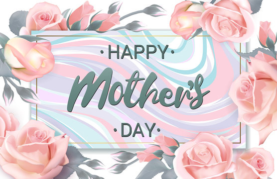 Happy Mothers Day lettering on marble plate surrounded by roses. Happy Mothers Day greeting card with pink delicate roses. Rose flower horizontal banner. Vector illustration