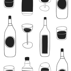 Alcohol drinks seamless pattern. Bottles and glasses doodle raster background