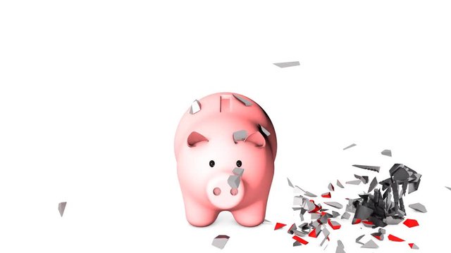 3d animation: business concept strong reliable impregnable safety bank: hammer trying to smash piggy with money and is falling apart. The pig is smiling. Pink coins box on white background isolated