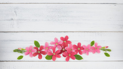 Wreath of pink and red flowers with green leaves on white wood background with copy space