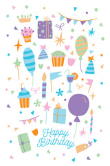 Happy birthday card. Vector illustration of cartoon postcard with gift box, sweets and balloons.