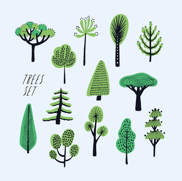 Set of cartoon doodle trees. Beautiful hand drawn childish, primitive style illustration collection.
