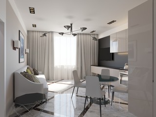 Modern living room with kitchen interior 3d rendering
