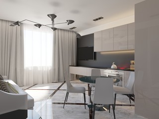 Modern living room with kitchen interior 3d rendering