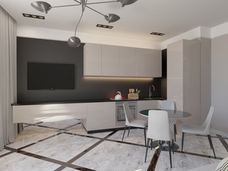 Modern living room with kitchen interior 3d rendering