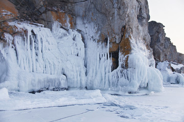 Fototapeta na wymiar Icicles in Olhon island rock. Lake Baikal.