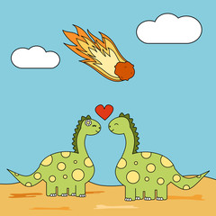 Fototapeta na wymiar cute cartoon couple of dinosaurs in love during meteor strike funny concept vector illustration