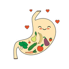 cute cartoon happy healthy stomach with vegetables and fruits concept vector illustration

