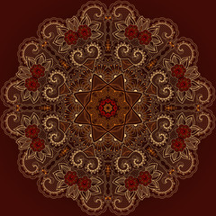 Vector ornamental round lace with damask and arabesque elements. Mehndi style. Orient traditional ornament. Zentangle-like round colored floral ornament.