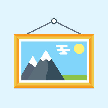 Picture in a wooden frame hanging on the wall, icon in flat style