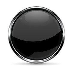 Black glass button with chrome frame isolated on white background