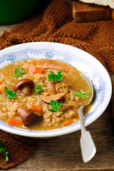 MUSHROOM BARLEY SOUP.selective focus