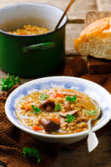 MUSHROOM BARLEY SOUP.selective focus