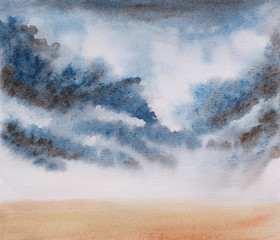 abstract stormy dark dramatic clouds landscape watercolor illustration