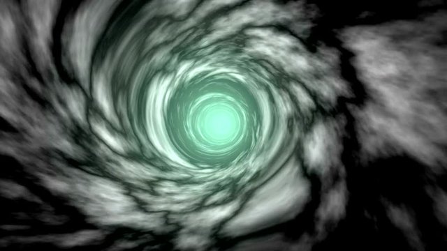 Interdimensional Portal. On a black background, a tunnel swirling clouds and pulling them into themselves. At the end of the tunnel there is a bright greenish light. 