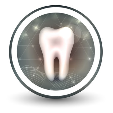 Healthy tooth round shape icon, abstract transparent shapes and wave at the background