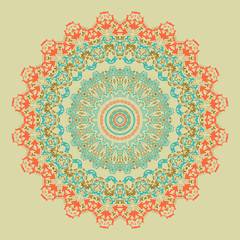 Vector ornamental round lace with damask and arabesque elements. Mehndi style. Orient traditional ornament. Zentangle-like round colored floral ornament.