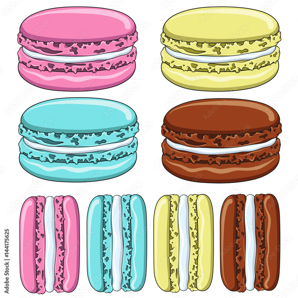 Poster set of colorful french macaroon cookies. isolated objects on a white background