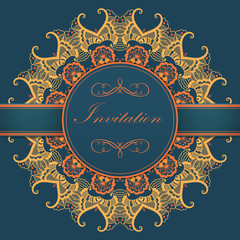 Wedding invitation and announcement card with ornamental round lace with arabesque elements. Mehndi style. Orient traditional ornament. Zentangle-like round colored floral ornament.