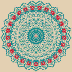 Vector ornamental round lace with damask and arabesque elements. Mehndi style. Orient traditional ornament. Zentangle-like round colored floral ornament.